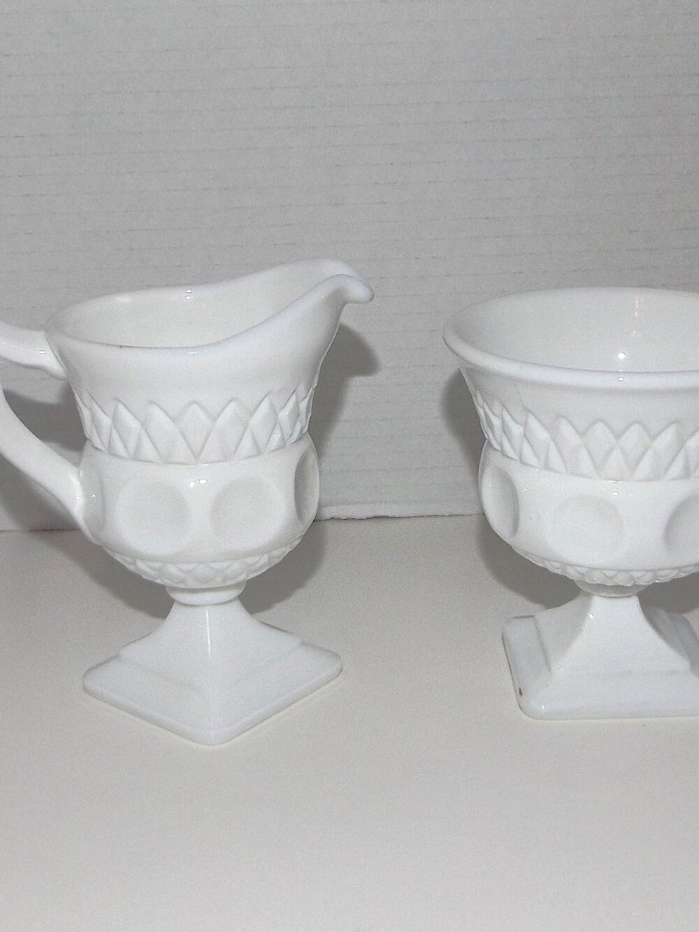1957-58 McKee Plymouth Thumbprint White Milk Glass Creamer & Sugar Bowl